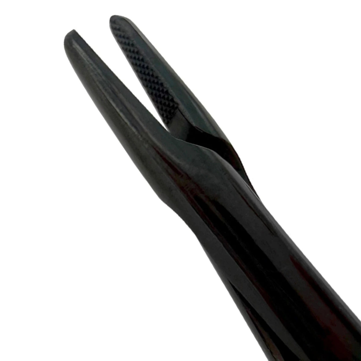 Detailed macro view of the Power Castroviejo straight open-back needle holder in black titanium finish