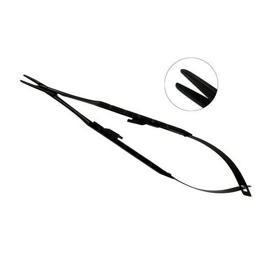 Power Castroviejo straight 16 cm needle holder with black titanium finish and carbide gripping jaws
