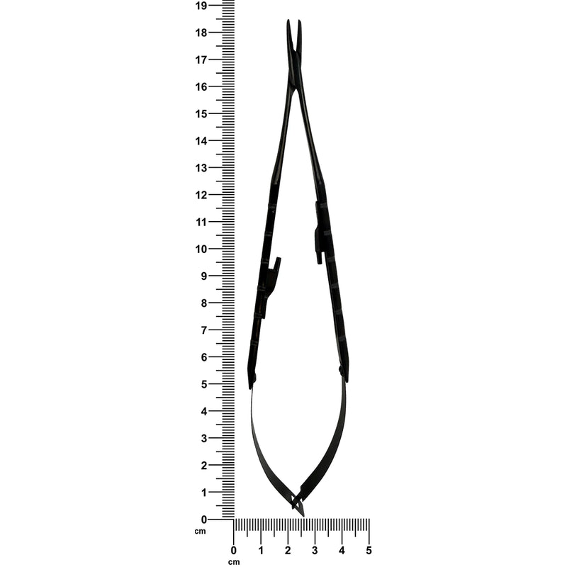 Power straight Castroviejo needle holder beside ruler for 18.5 cm length reference