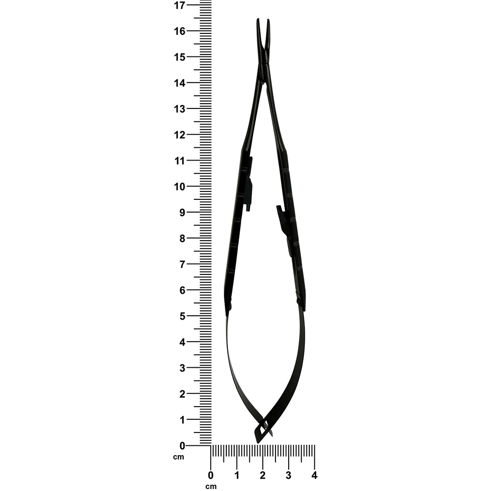 Power Castroviejo needle holder shown next to ruler indicating 16 cm length