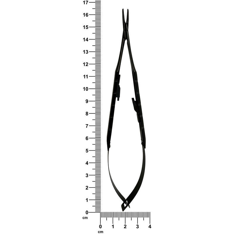 Power Castroviejo needle holder shown next to ruler indicating 16 cm length