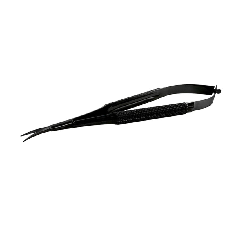 Angled view of curved Power Castroviejo Super Cut tissue cutting scissors with black titanium finish