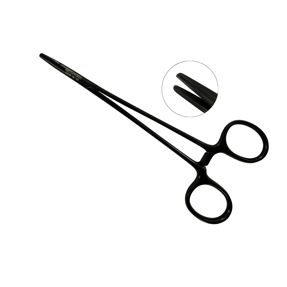 Power Crile-Wood straight needle holder with black titanium finish, tungsten carbide jaws and 5.9 in (15 cm) length