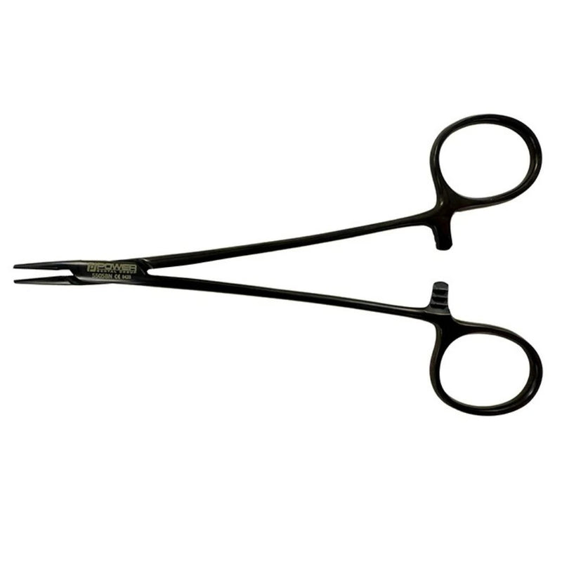Horizontal view of straight Power Crile-Wood 15 cm needle holder in black titanium finish