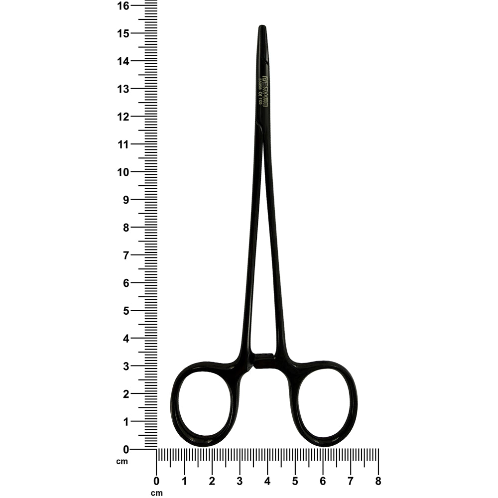 Power Crile-Wood straight needle holder SKU 5505BN photographed beside a ruler for scale
