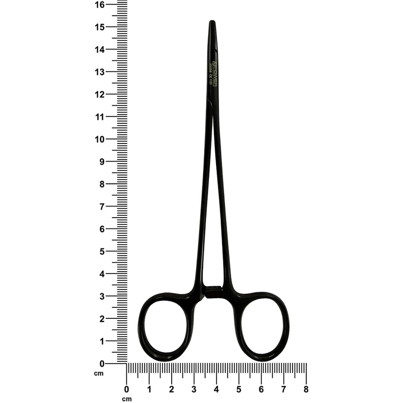 Power Crile-Wood straight needle holder SKU 5505BN photographed beside a ruler for scale