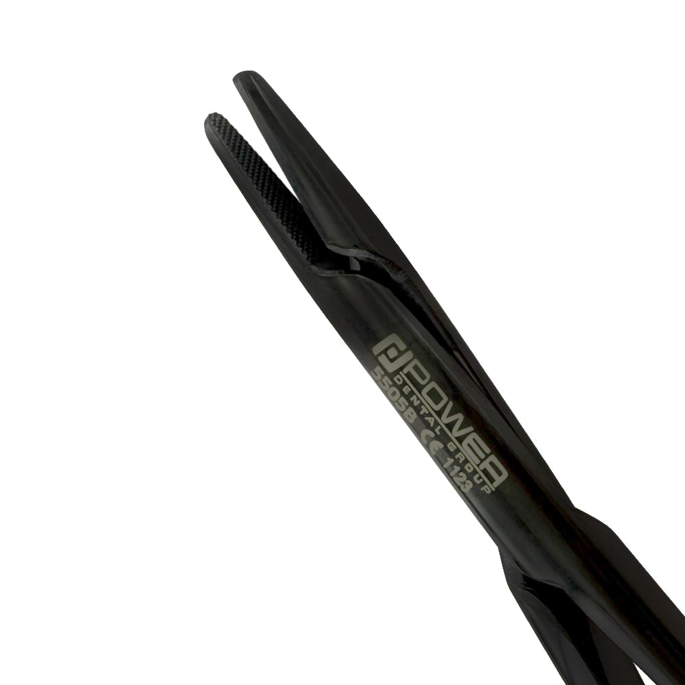 Close-up detail of the Power Crile-Wood straight needle holder with black titanium finish