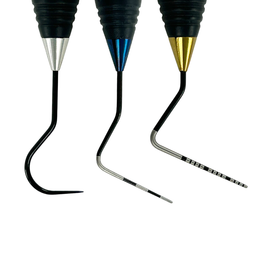Close-up of three Black Edition explorer and probe working ends in the Power Explorer & Probe Kit set of 3