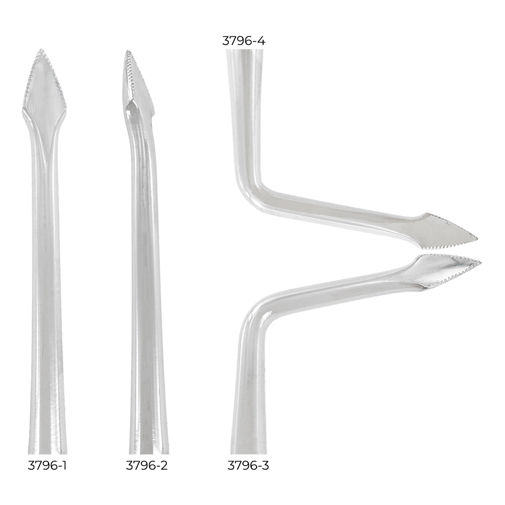 Power Flex Accu Lux-Tome elevators – 3.0 mm and 3.8 mm serrated patterns for controlled luxation