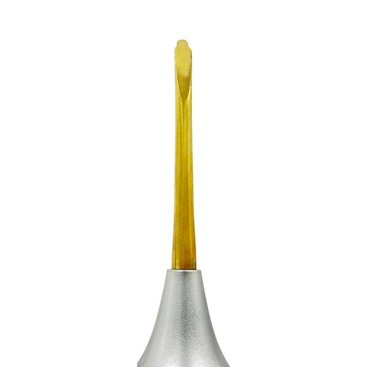 Close-up of the curved 3.5 mm short serrated titanium tip on Power Flex Luxator 4035S-4