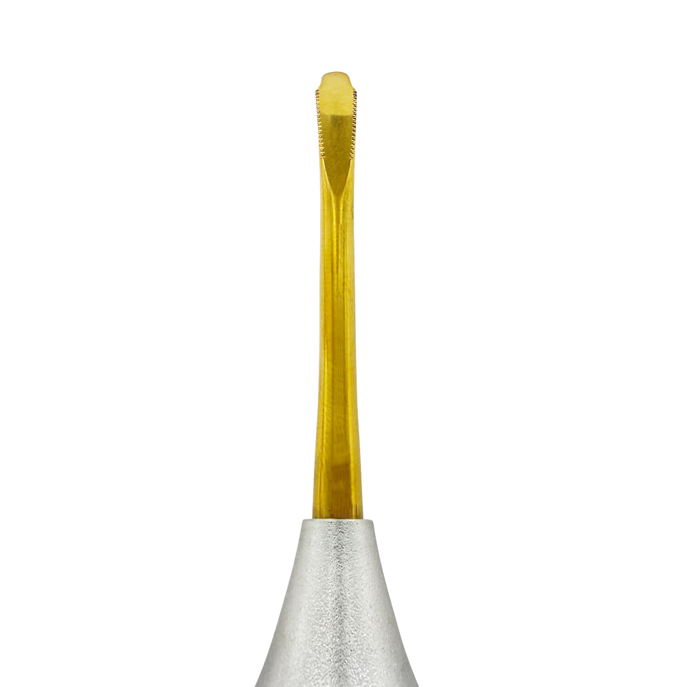 Close-up of the curved 4.5 mm short serrated titanium tip on Power Flex Luxator 4035S-6
