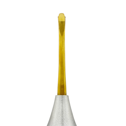Close-up of the curved 4.5 mm short serrated titanium tip on Power Flex Luxator 4035S-6