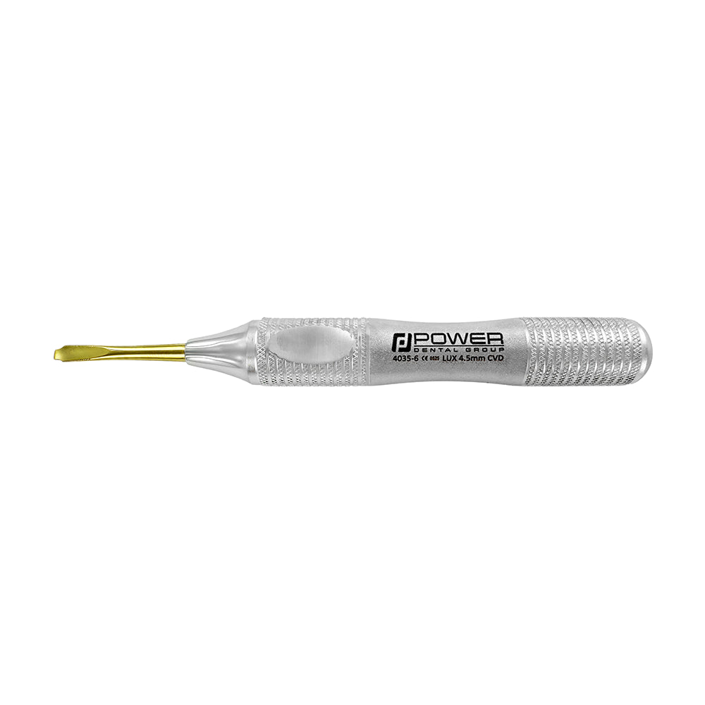 Power Flex Luxator curved 4.5 mm titanium serrated dental instrument side view
