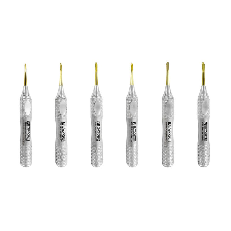 Full set of six Power Flex Luxator 4035S short-tip serrated titanium instruments