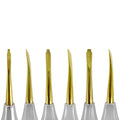Close-up of straight and curved short serrated titanium tips in the Power Flex Luxator Kit 4035S