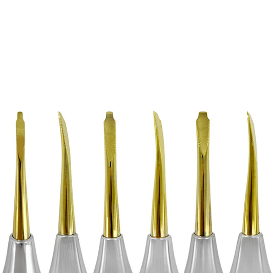 Close-up of straight and curved short serrated titanium tips in the Power Flex Luxator Kit 4035S