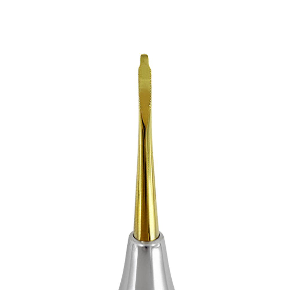 Close-up of the straight 2.5 mm short serrated titanium tip on Power Flex Luxator 4035S-1