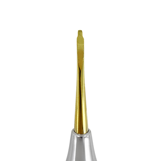 Close-up of the straight 2.5 mm short serrated titanium tip on Power Flex Luxator 4035S-1