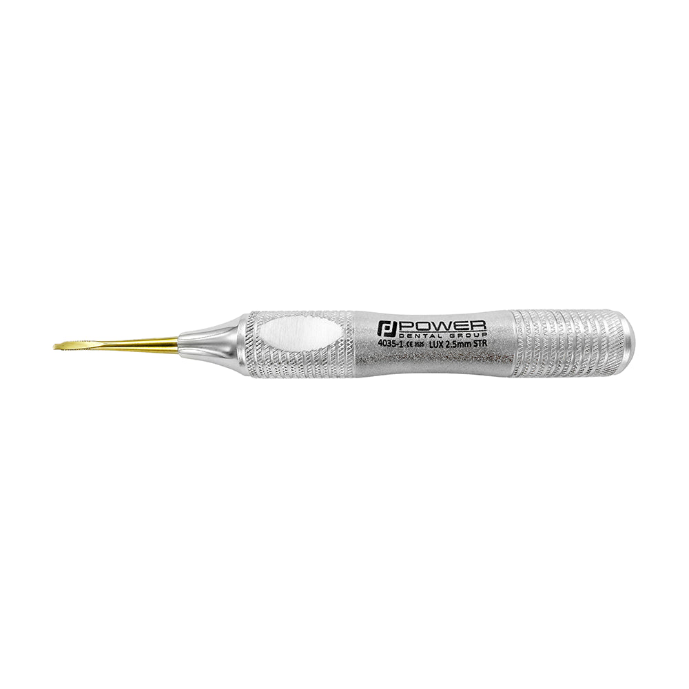 Power Flex Luxator straight 2.5 mm titanium serrated dental instrument side view