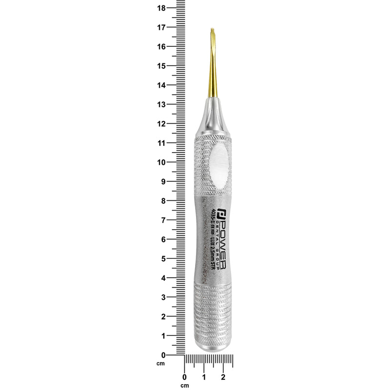 Power Flex Luxator titanium instrument showing 17 cm total length measured with ruler