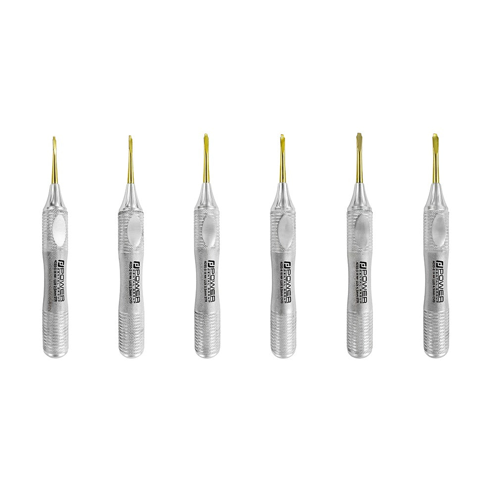 Full-length view of six Power Flex Luxators with serrated titanium tips and diamond-knurled stainless steel handles