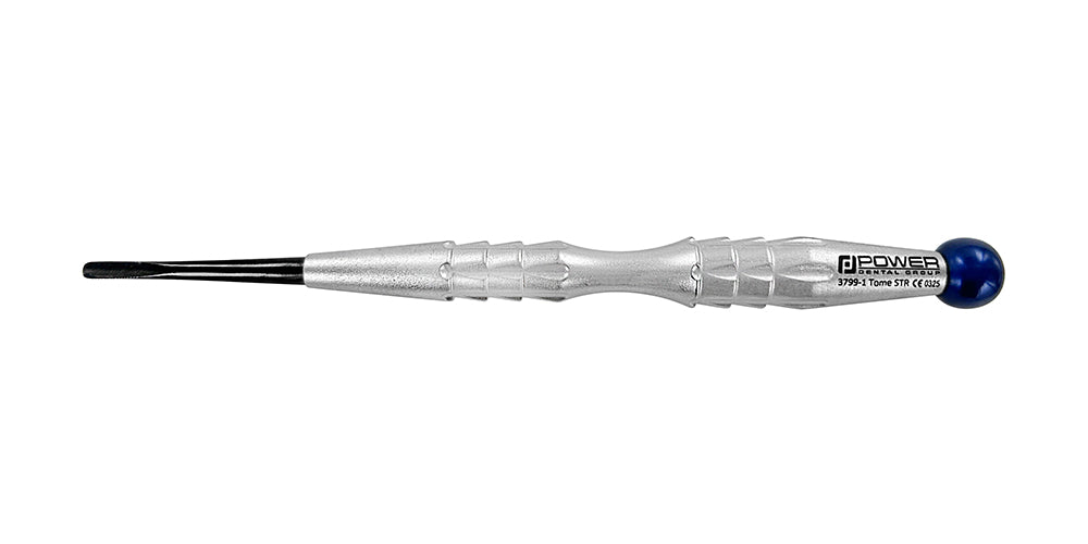 Full view of the Power Flex PDL Luxatome straight 3 mm titanium with a blue color-coded handle end