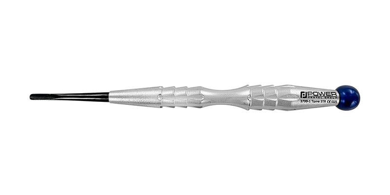 Full view of the Power Flex PDL Luxatome straight 3 mm titanium with a blue color-coded handle end
