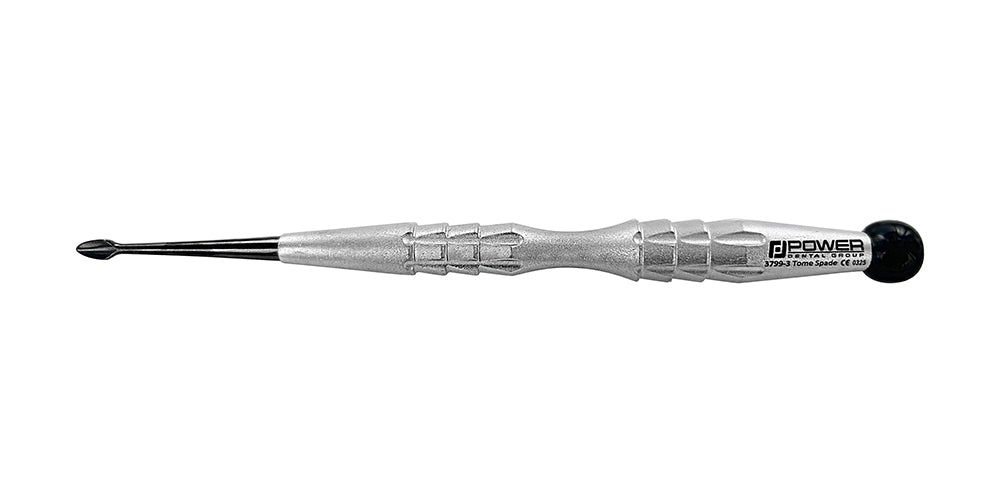 Full view of the Power Flex PDL Spade Luxatome straight titanium with a black color-coded handle end