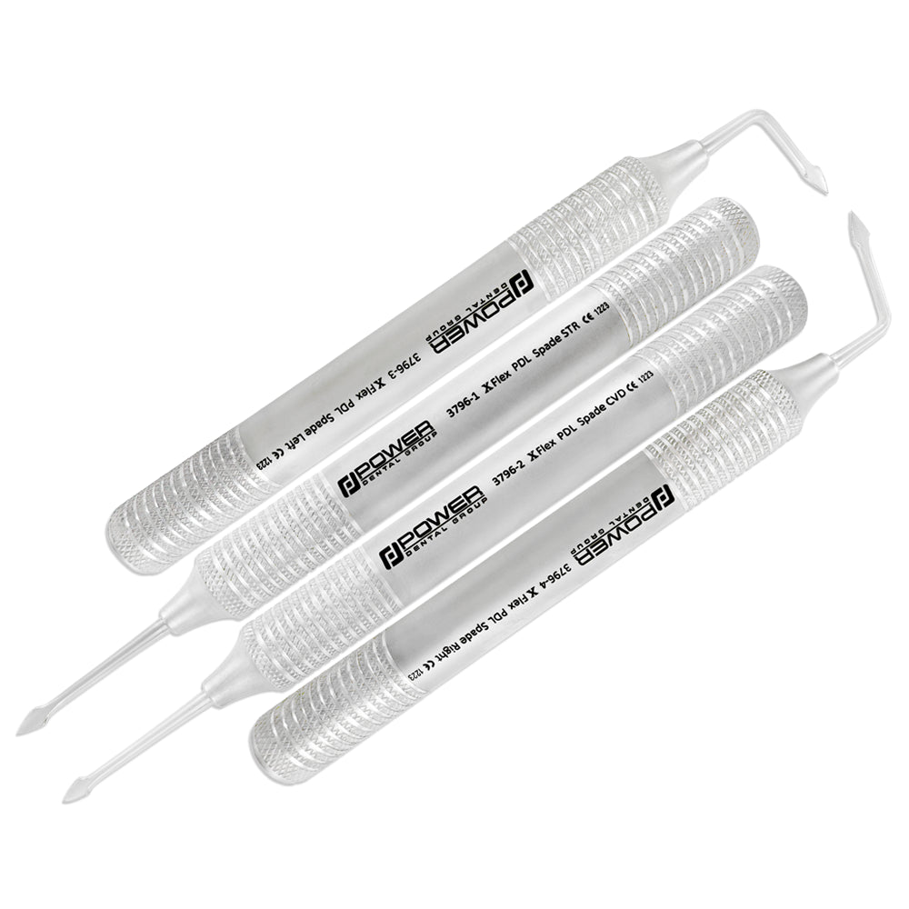 Power Flex Spade Luxator Kit with four 3.5 mm serrated patterns: straight, curved, left, and right – SKU 3796