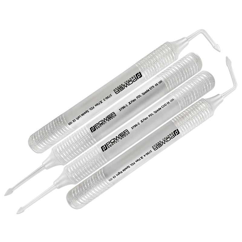 Power Flex Spade Luxator Kit with four 3.5 mm serrated patterns: straight, curved, left, and right – SKU 3796
