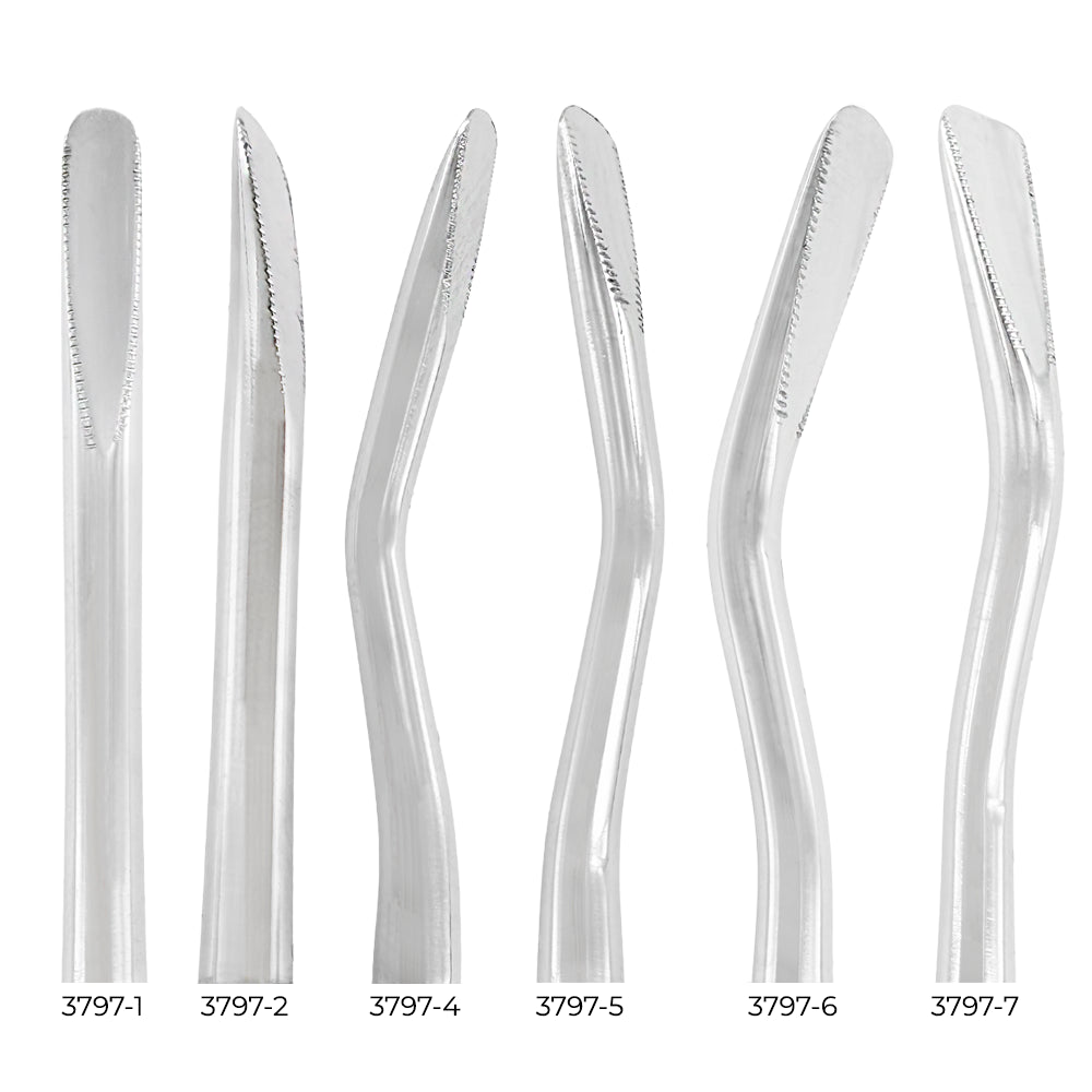 Power Flex serrated spade luxators – straight, curved, left, and right patterns for PDL separation