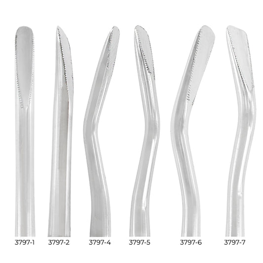 Power Flex serrated spade luxators – straight, curved, left, and right patterns for PDL separation