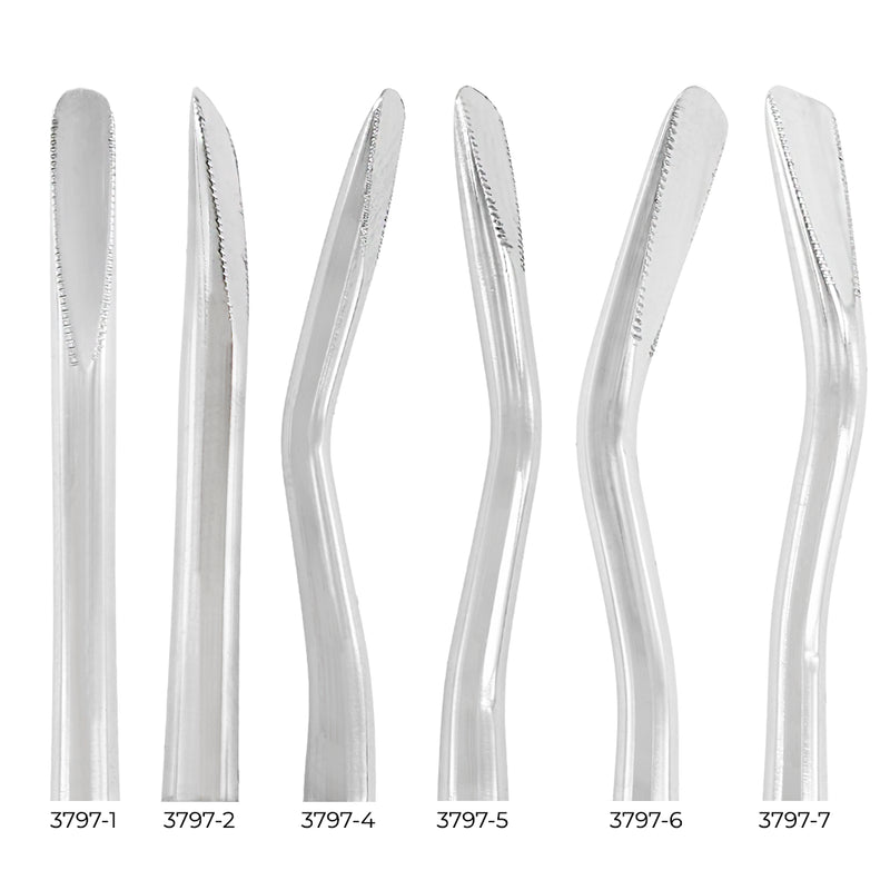 Power Flex serrated spade luxators – straight, curved, left, and right patterns for PDL separation