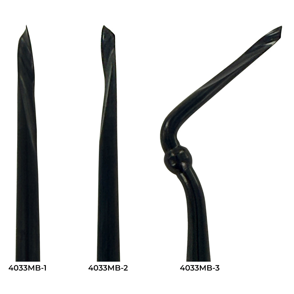 Close-up of the three working-end profiles in the Power Flex Twist Root Pick Kit – Titanium Black Edition, including anterior left, anterior right, and posterior tip designs.