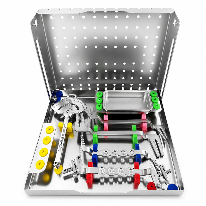 Power Implant Guide Kit Cassette open with internal layout for 5 instruments, stainless steel cassette for the 1979B system