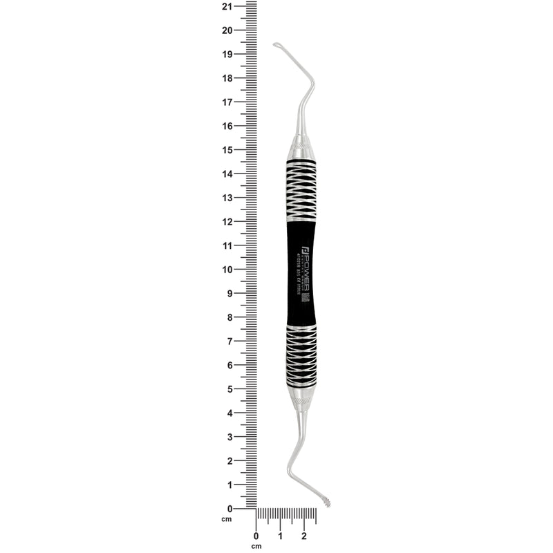 Power Lucas Curette with premium black ergonomic handle shown with length measurement scale