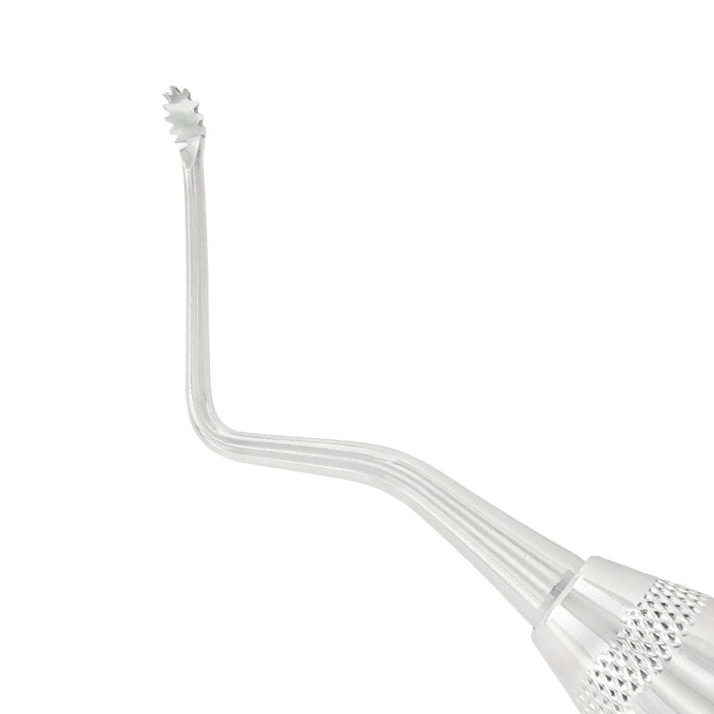 Close-up of angled serrated working end on Power Lucas Curette 85S, 2.8 mm