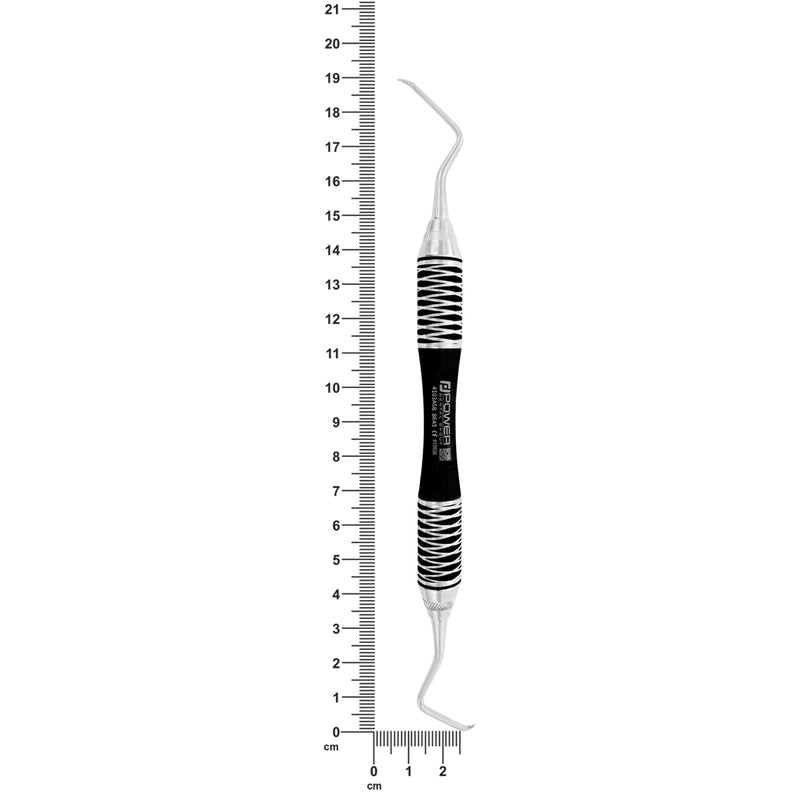 Power Lucas Curette 86AS with premium black ergonomic handle shown with length measurement scale