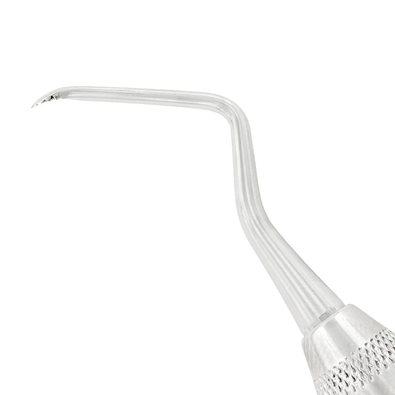 Macro view of serrated angled tip on Power Lucas Curette 86AS, 3.3 mm, premium black edition