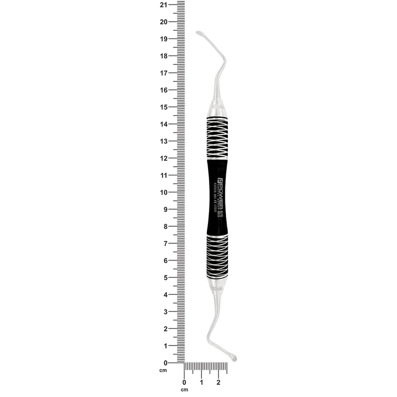 Power Lucas Curette 86S with premium black ergonomic handle shown with length measurement scale