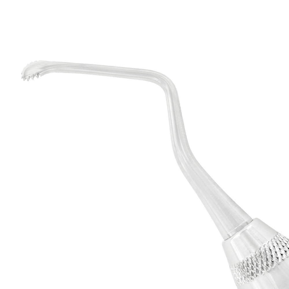 Macro view of serrated tip on Power Lucas Curette 86S, 3.3 mm, premium black edition