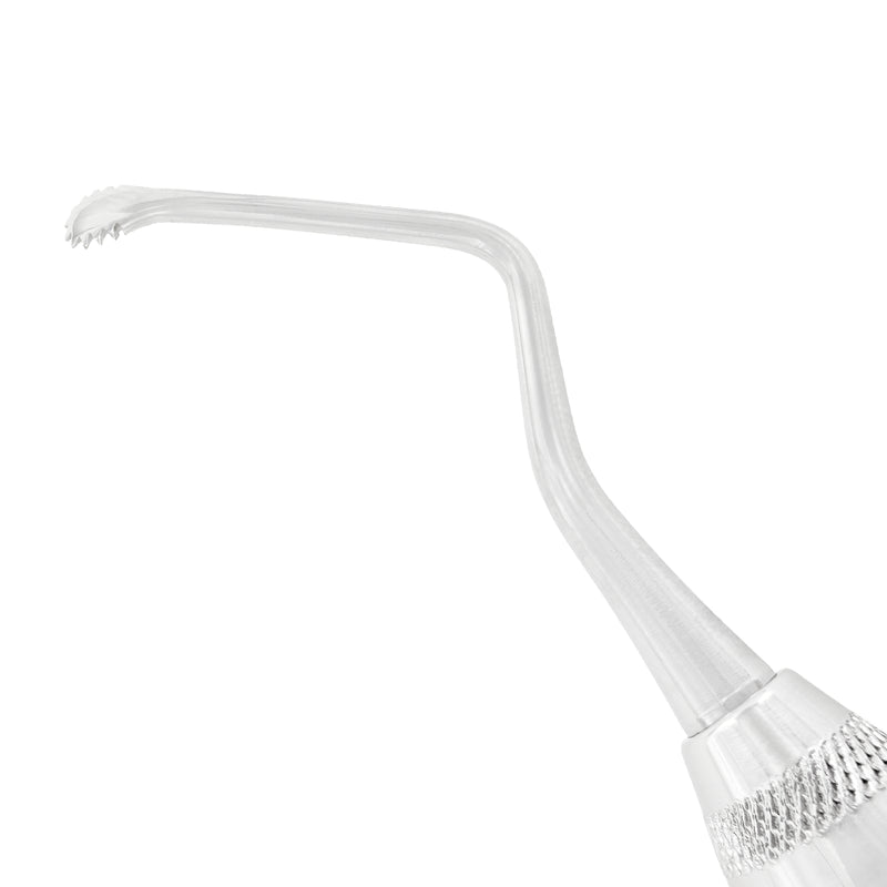 Macro view of serrated tip on Power Lucas Curette 86S, 3.3 mm, premium black edition