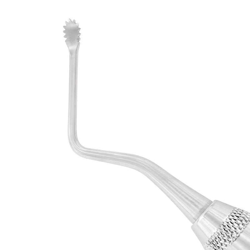 Close-up of angled serrated working end on Power Lucas Curette 86AS, 3.3 mm
