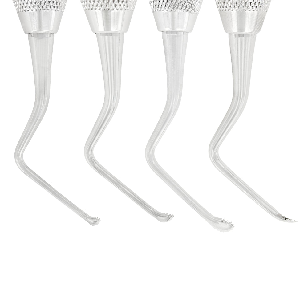 Close-up of serrated Lucas curette tips for effective granulation tissue removal