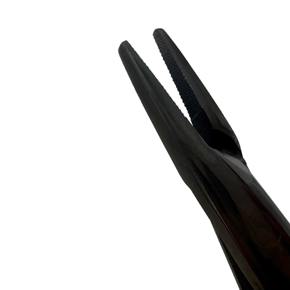Close-up detail of the Power Mathieu thin-tip needle holder in black titanium finish