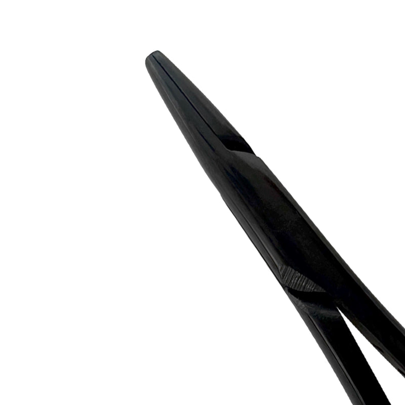 Macro view of the straight thin-tip tungsten carbide gripping surfaces on Mathieu needle holder 5501N