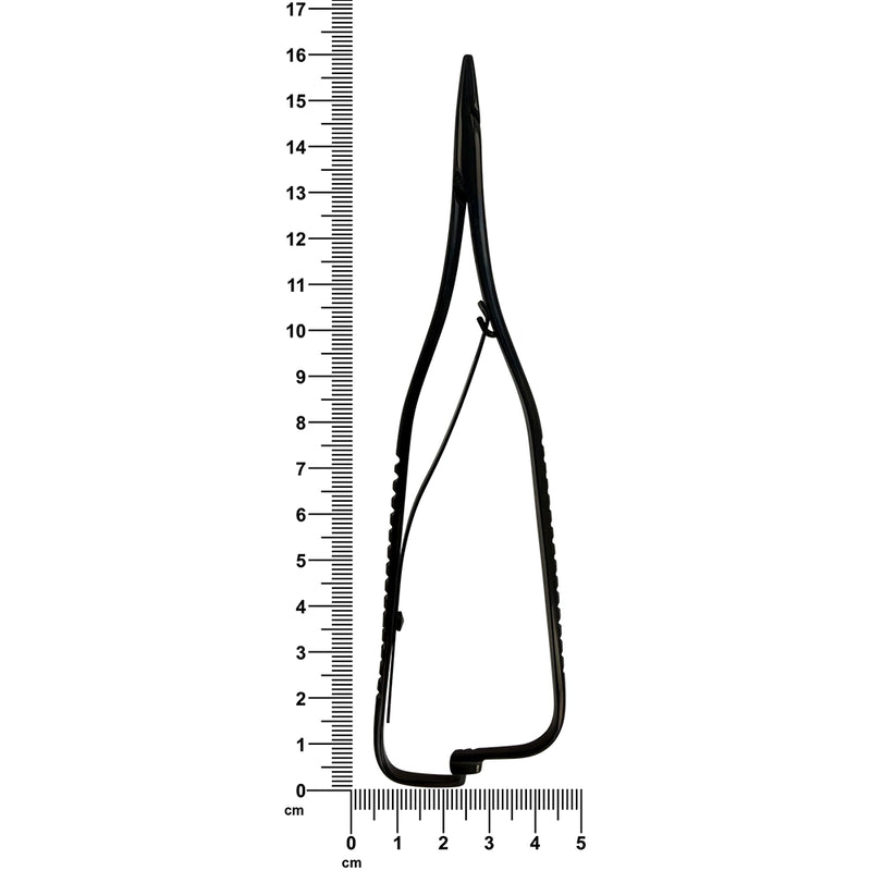 Power Mathieu thin-tip needle holder alongside ruler indicating 16 cm total length