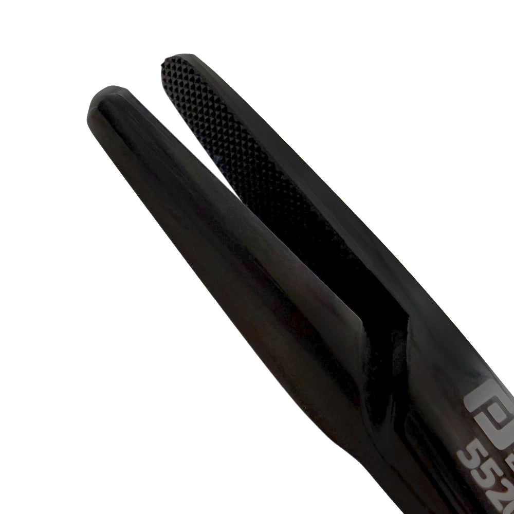 Close-up detail of the Power Mayo-Hegar straight needle holder in black titanium finish