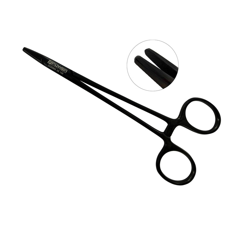 Power Mayo-Hegar straight needle holder, black titanium finish and tungsten carbide jaws, 6.3 in (16 cm)