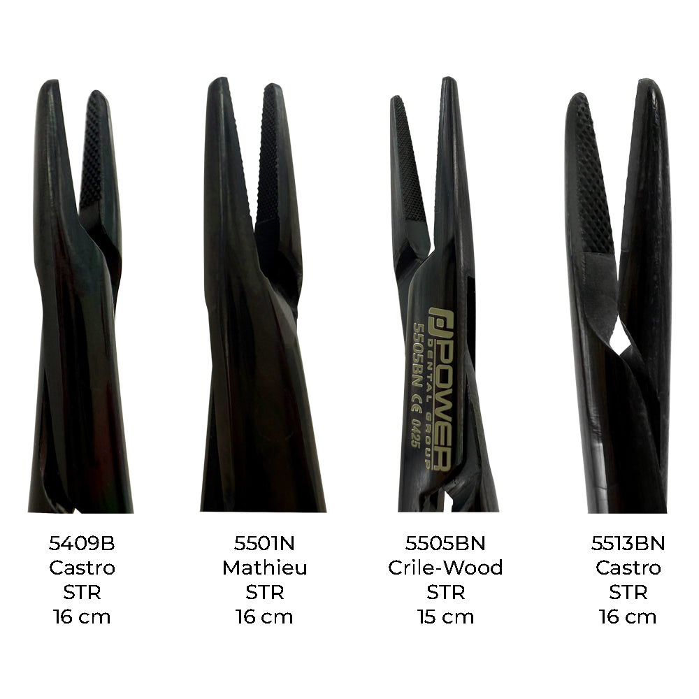 Close-up detail view of the black titanium Power Line needle holder kit, seven-piece set, SKU 5532BN